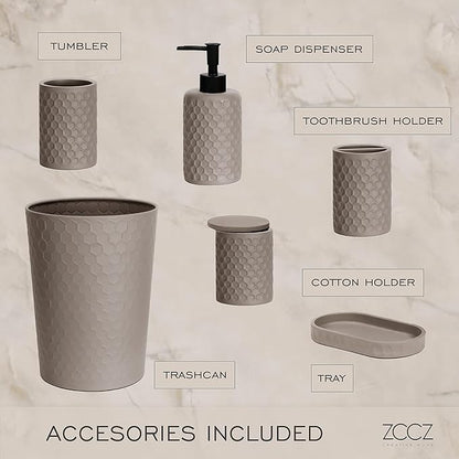 zccz 6 Piece Bathroom Accessories Set, Toothbrush Holder, Toothbrush Cup, Soap Dispenser,Bathroom Vanity Tray, Qtip Holder, Trash Can - Cement