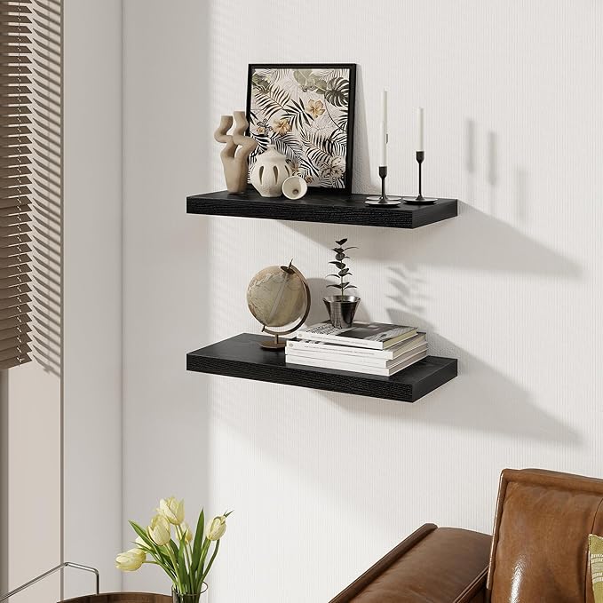 Black Floating Shelves 22.5 Inch Long, 8 Inch Deep Floating Shelf Wall Mounted, Rustic Wood Bathroom Shelves for Storage, 22.5x8 Deep Shelf Set of 2 with Invisible Brackets for Books|Storage|Decor