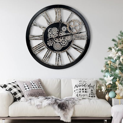 The B-Style Large Real Moving Gears Wall Clock 30 inch Rustic Retro Industrial Farmhouse Wood Clock Oversized Decorative Vintage Wall Clocks for Living Room (Black)