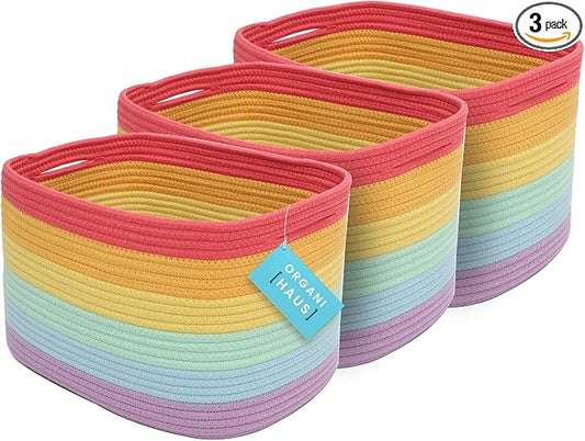 OrganiHaus Set of 3 Rainbow Woven Storage Baskets for Organizing, Cotton Rope Organizer Bins for Shelves, Closet & Nursery, Dog Toy Basket, Decorative Bins for Toys, Towels & Books - 15x10x9