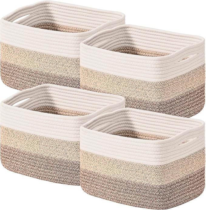 Shelf Baskets for Organizing, Storage Baskets for Shelves, Woven Baskets for Storage, Cotton Rope Baskets with Handles for Toy, Book, Clothes, 12.5"Lx9.1W"x7.9H", (4 Packs) Gradient Brown