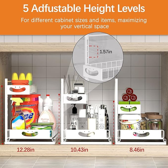 Under Sink Organizer with Pull-Out Drawers,Kitchen Sink Organizer,2 Tier Bathroom Organizers And Storage,Bathroom Accessories Set,White 2 Pack