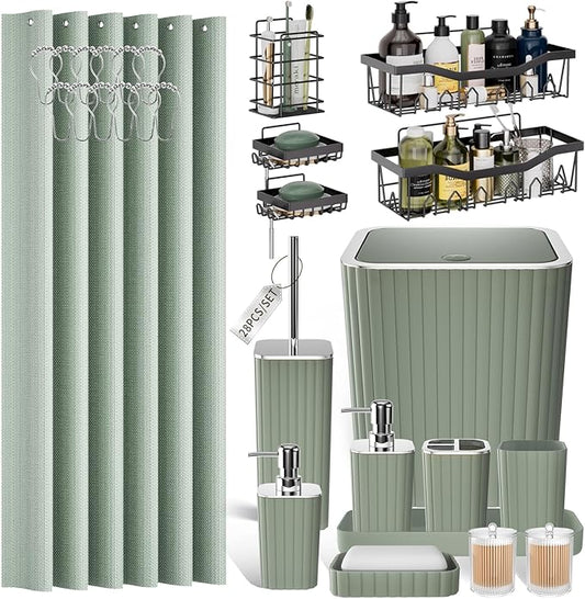 Bathroom Set - 28PC Gorgeous Sage Green Bathroom Set with Shower Curtain, Bathroom Accessory Set, Shower Caddy Set & Trash Can