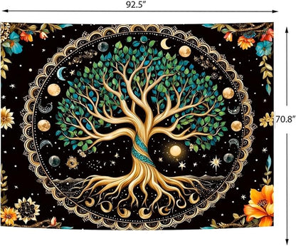 Delur Tree of Life Tapestry Moon Phase Nature Flower Plant Tapestry Wall Hanging Boho Mandala Spiritual Sun Aesthetic Psychedelic Headboard for Bedroom Living Room Home Decor (70.8" x 92.5")