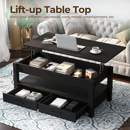 Rolanstar Coffee Table, 47.2" Lift Top Coffee Table with Drawers and Hidden Compartment, Retro Central Table with Wooden Lift Tabletop, for Living Room,Black