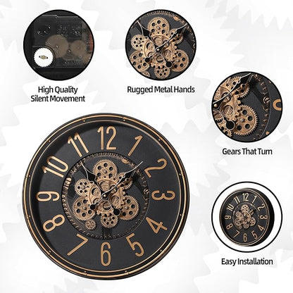Maxstar Large Moving Gear Wall Clock,20" Vintage Mechanical Battery Operated Industrial Wall Clocks for Farmhouse Living Room,Home Office, Dinning Room, Kitchen, Steampunk Decor-Gold,Arab Numeral