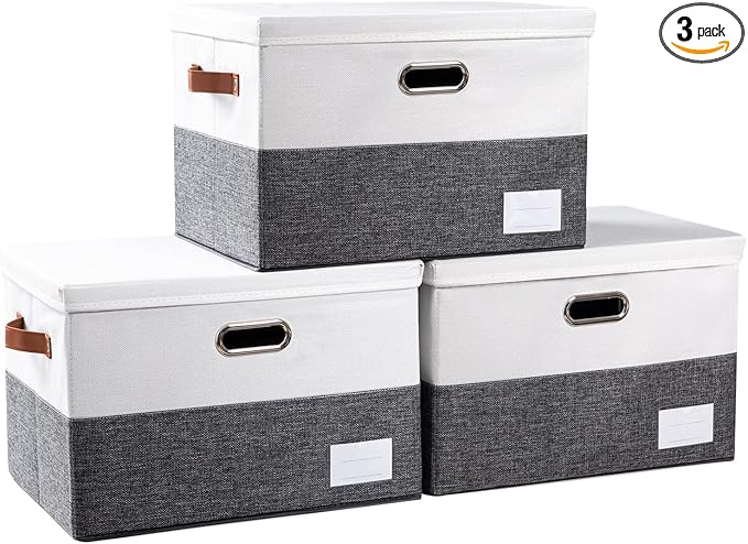 PRANDOM Foldable Storage Bins with Lids [3-Pack] Fabric Collapsible Storage Boxes Baskets Cubes Containers with Handles for Closet Living Room Bedroom (Grey & White 17.7x11.8x11.8'')