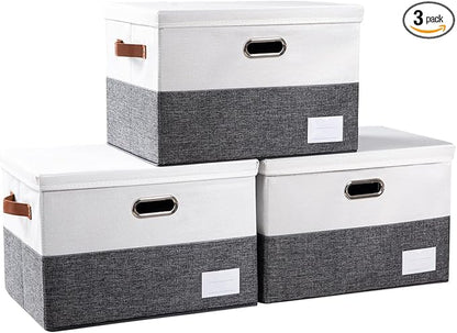 PRANDOM Foldable Storage Bins with Lids [3-Pack] Fabric Collapsible Storage Boxes Baskets Cubes Containers with Handles for Closet Living Room Bedroom (Grey & White 17.7x11.8x11.8'')