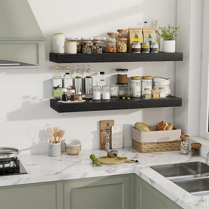 40 Inch Floating Shelves, 12" Deep Floating Shelf Wall Mounted, 40" Wall Shelves, Rustic Deep Bookshelf, Extra Deeper & Thicker Display Shelves for Bedroom, Living Room, Black, Set of 2