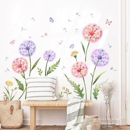 Dandelion Flower Butterfly Wall Decals Pink Purple Dandelion Plants Wall Stickers Peel and Stick Vinyl Wall Art Decor for Living Room Bedroom Office TV Sofa Backdrop Home Decor Gifts for Mom