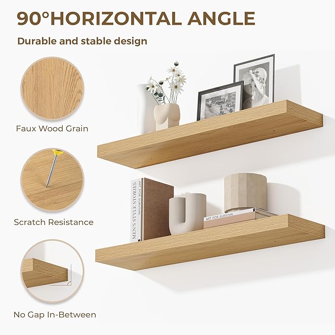 36 Inches Floating Shelves for Wall, 9.3" Deep Long Floating Shelves Set of 2, Large Display & Storage Shelf, Wall Shelf for Bathroom Bedroom Living Room Kitchen Office, Oak