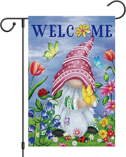 Welcome Spring Gnome Garden Flag 12x18 Double Sided Burlap Butterfly Floral Garden Yard Flags for Spring Summer Rustic Seasonal Outside Outdoor House Decoration (ONLY FLAG)