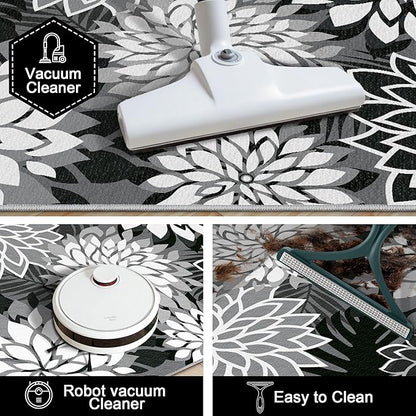 Area Rug 2x6 Black White Washable Entry Rug Multicolored Tropical Botanical Modern Floral Indoor Kitchen Door Mat Entrance Carpet Non Slip for Bedroom Living Room, Porch
