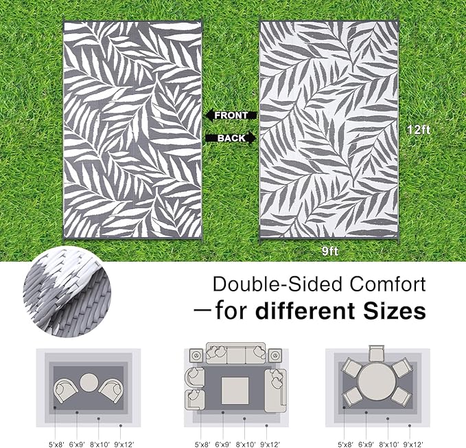 OLANLY Waterproof Outdoor Rug 9x12 ft, Reversible Outdoor Plastic Straw Rug with Leaf Pattern, RV Mat, Indoor Outdoor Carpet for Patio, Camping, Balcony, Deck, Backyard, Grey & White