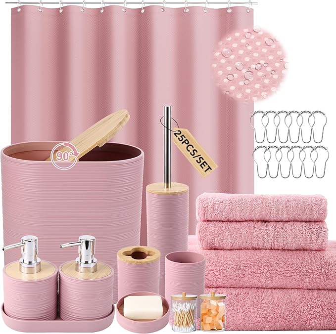 Pink Bathroom Accessories Set, Bathroom Sets with Shower Curtain, Bath Towel Set, Pink Shower Curtain Set with Bathroom Trash Can, Soap Dispenser, Soap Dish for Home Decor
