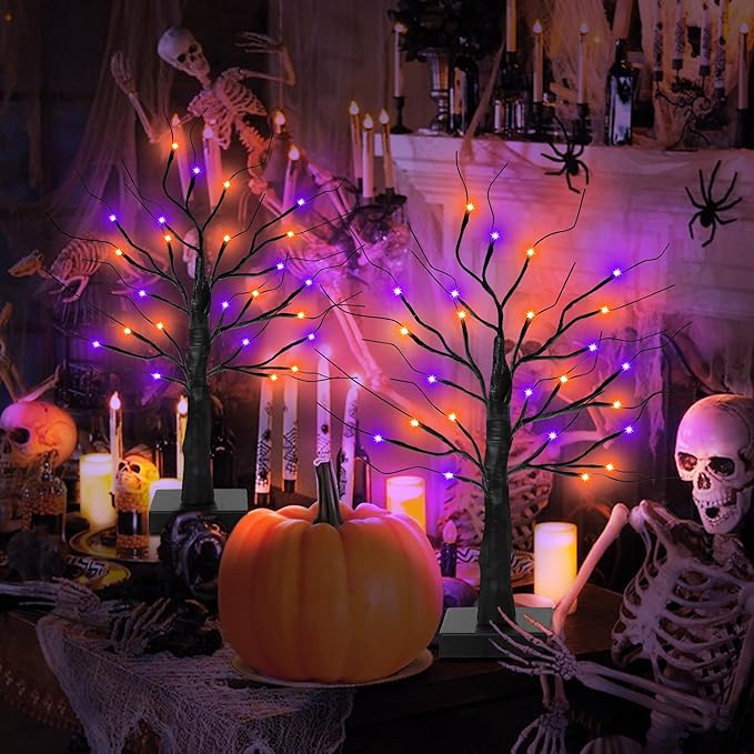 [Timer] 2 Pack 24 Inch Black Halloween Tree with Orange Purple Lights, USB/Battery Operated Light Up Halloween Table Decorations, Spooky Halloween Decorations Indoor Home Mantle Room Party Decor