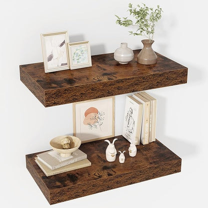 24 Inch Floating Shelves, 12" Deep Floating Shelf Wall Mounted, 24" Wall Shelves, Rustic Deep Bookshelf, Extra Deeper & Thicker Display Shelves for Bedroom, Living Room, Brown, Set of 2