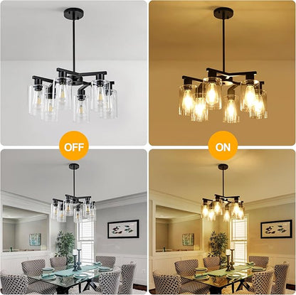 6-Light Black Modern Farmhouse Chandelier for Dining Room Ceiling Light Fixture with Clear Glass Shades, Adjustable Hanging Industrial Pendant Lighting for Living Room Kitchen Island Bedroom Entryway