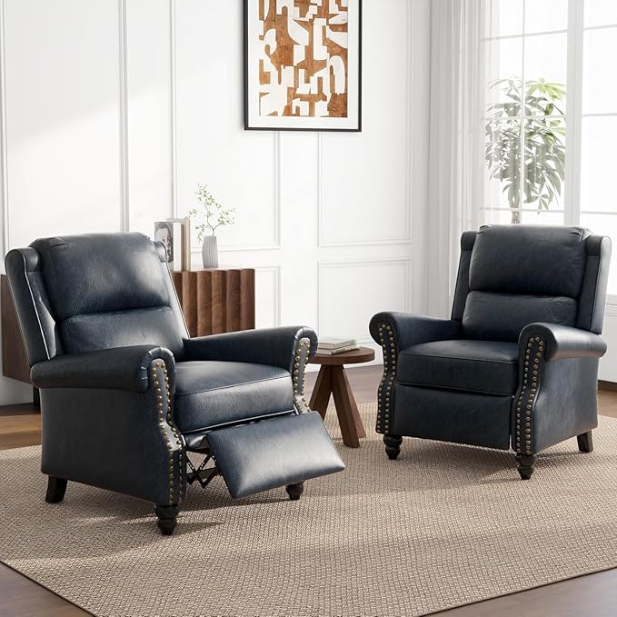 UIXE Faux Leather Recliner Chairs Set of 2, Pushback Armchair Overstuffed Accent Chair for Living Room, Rivet Trim Club Chair Home Theater Bedroom Reading Seat - Navy Blue
