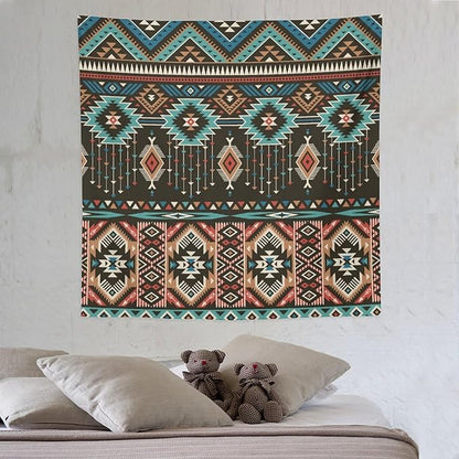 HZOHNAGO Aztec Tapestry Turquoise Blue and Brown and Native American Tribal Pattern Printed Wall Tapestry Wall Hanging for Bedroom Living Room Dorm 60" W x 60" H