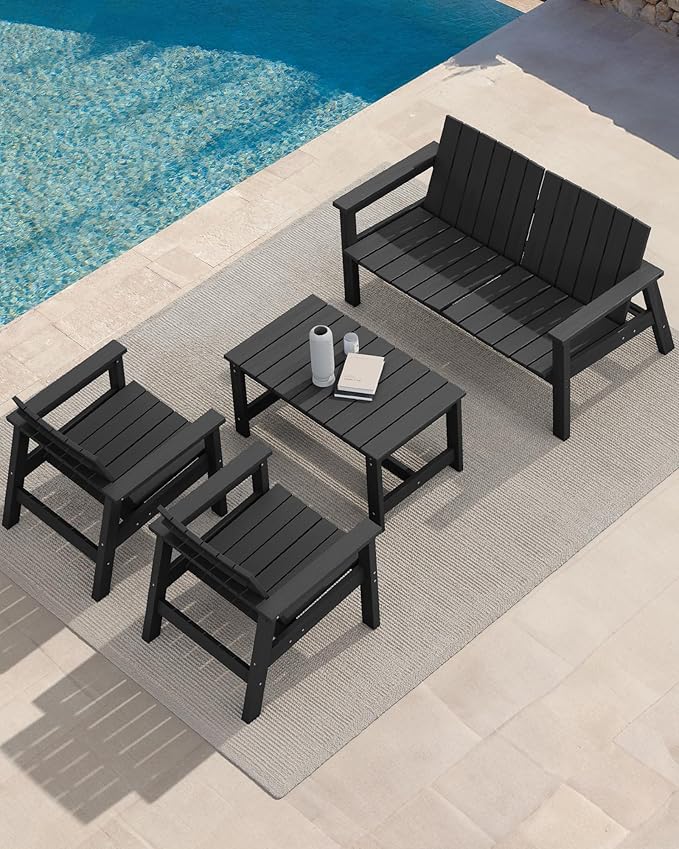 SERWALL Patio Coffee Table, HDPE Rectangle Outdoor Coffee Table Set of 2, Black