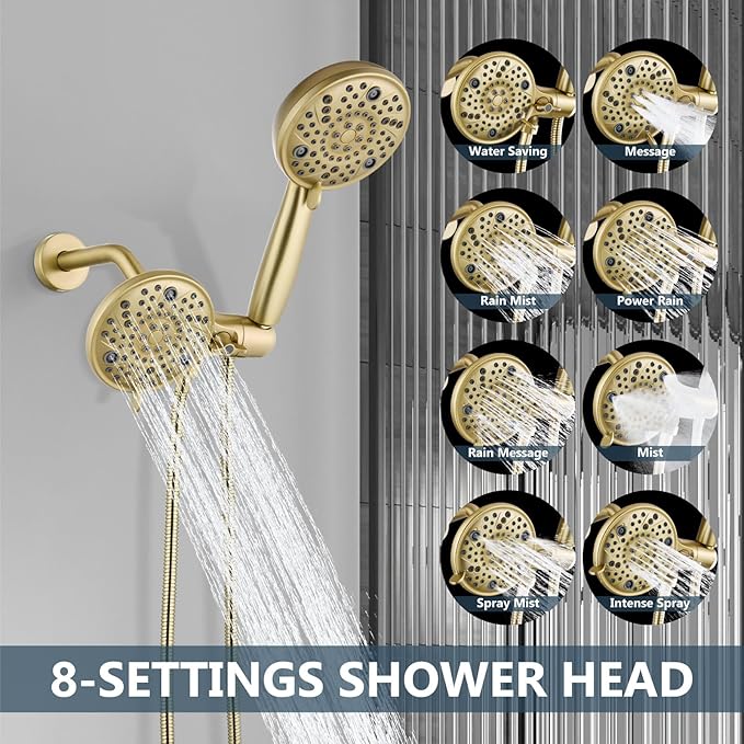 Aolemi Tub Shower Faucet Set with Tub Spout Rain Shower Head System Shower Trim Kit Pressure Rough-in Valve Included ABS 8 Setting Dual Shower Head and Handheld Spray Brushed Gold
