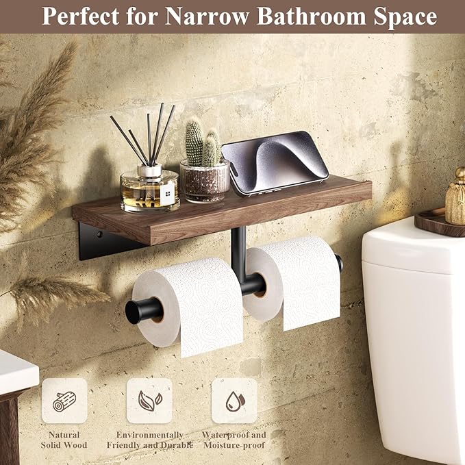 Tindbea Double Toilet Paper Holder with Wood Shelf, Wooden Wall Mount Toilet Paper Roll Holder, Matte Black Stainless Steel Bathroom Toilet Tissue Holder (Walnut)