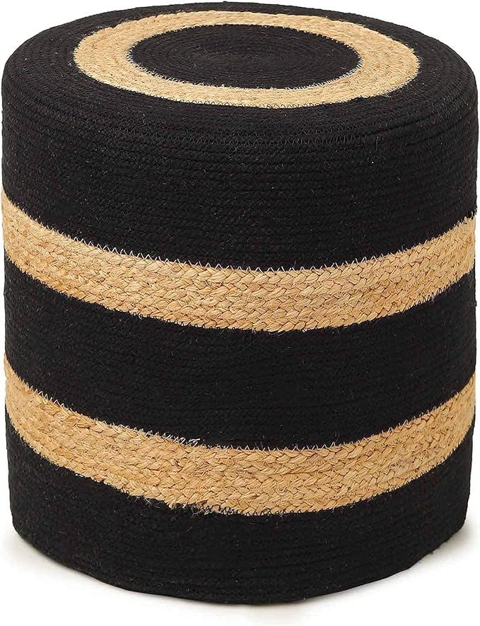 REDEARTH · Cylindrical Pouf Foot Stool Ottoman - Jute Braided Pouffe Poof Accent Sitting Footrest for The Living Room, Bedroom, Nursery, Patio, Lounge & Other Rooms (14.5”x14.5”x16”; Black Natural)