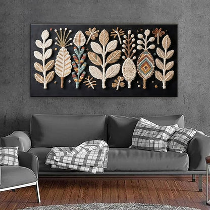Boho Black Wall Art Chic Home Wall Art Modern Multicolor Leaves Feather Canvas Wall Art Decor For Living Room Bedroom Apartment Kitchen 24"W X 48"L Ready To Hanging