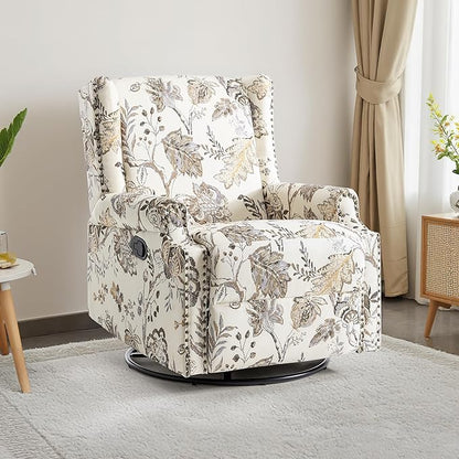 UIXE Swivel Rocker Manual Recliner Chair, Wingback Swivel Glider Fabric Nursery Reclining Sofa Chair, High Back Upholstered Arm Chair for Living Room Bedroom - Beige Plants
