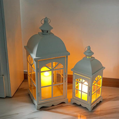 TRIROCKS Set of 2 Decorative Vintage Candle Lanterns 14.5"&20" H Farmhouse Outdoor Hanging Lanterns with Tempered Glass for Porch, Balcony, Patio, Home, Centerpieces, Indoor, Outdoor(White)