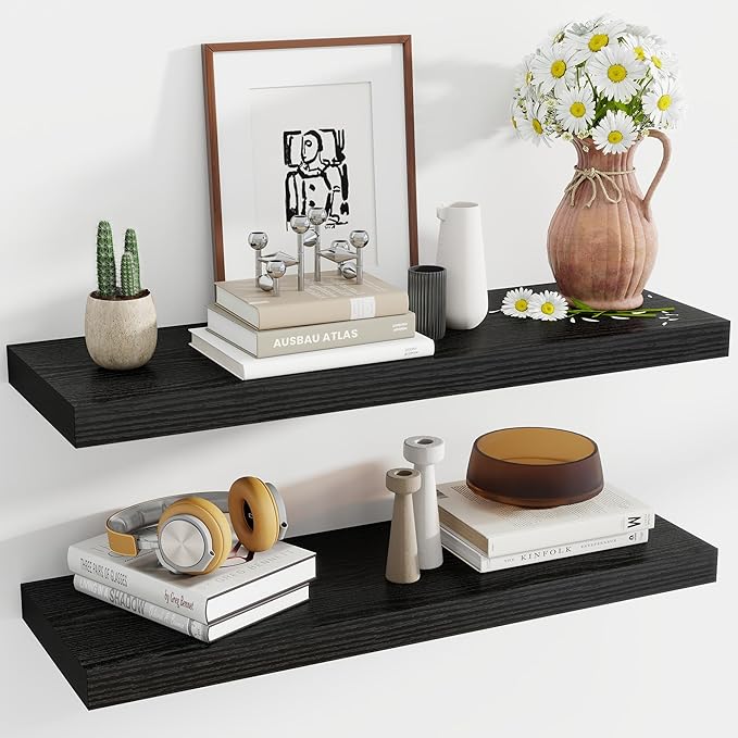 36 Inch Floating Shelves, 12 Inch Deep Floating Shelves for Wall, Floating Shelf with Invisible Brackets, Deep Shelves for Bathroom, Bedroom, Living Room, 2 Pack, Black