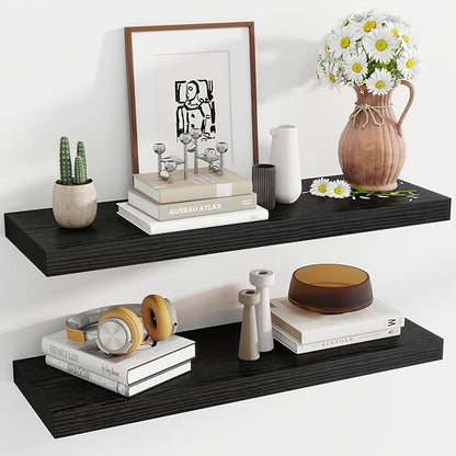 36 Inch Floating Shelves, 12 Inch Deep Floating Shelves for Wall, Floating Shelf with Invisible Brackets, Deep Shelves for Bathroom, Bedroom, Living Room, 2 Pack, Black
