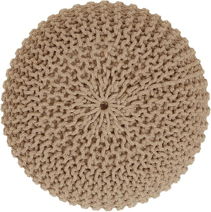 REDEARTH Round Pouf Ottoman - Hand Knitted Cable Boho Poof Home Décor Pouffe Circular Footrest for Living Room - Bedroom - Lounge - 100% Cotton (19.5"x19.5"x14") - Beige