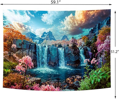 Delur Waterfall Tapestry Tropical Forest Mountain Sunset Tree Wall Hanging Tapestry Scenic Rainforest Landscape Nature Sunrise Headboard for Bedroom Living Room Home Decor (51.2" x 59.1")