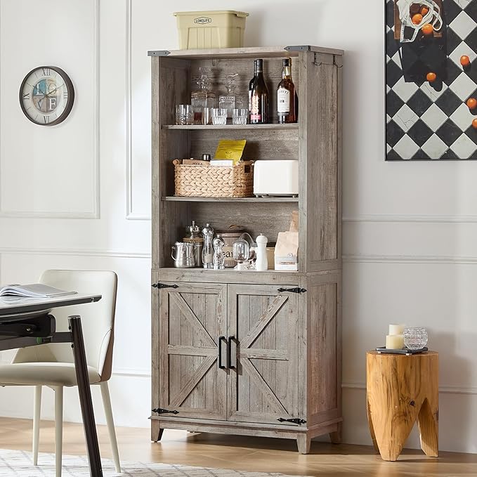 70in Tall Bookshelf 5 Tier Bookcase with Barn Doors and Adjustable Shelves, Grey Farmhouse Book Shelf with Storage Cabinet, Wood Freestanding Display Bookshelves for Bedroom, Kitchen (2PCS)