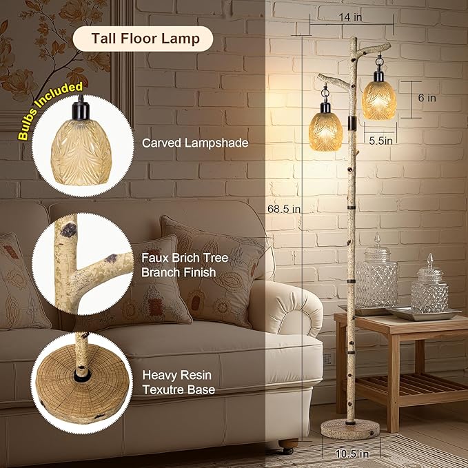 Scenekoy Retro 68.5” Tall Floor Lamp With Carving Shade, Farmhouse Resin Standing Lamp & Faux Birch Tree Finish, Dimmable Corner Lamp Stand Up Light with Bulb Prefer for Living Room Bedroom Home Decor