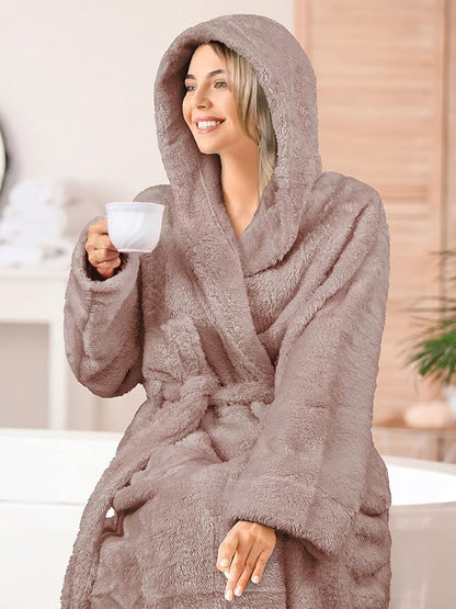 PAVILIA Women Hooded Plush Soft Robe | Fluffy Warm Fleece Sherpa Shaggy Bathrobe