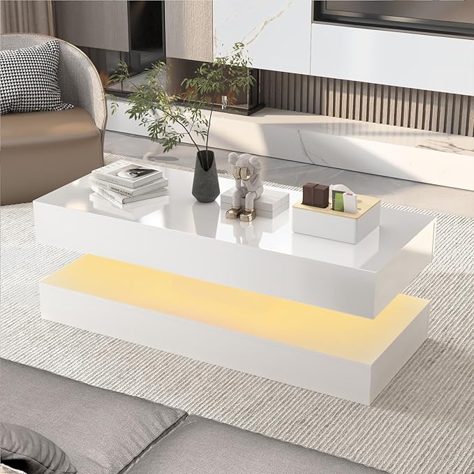 Uspeedy 47.3IN High Glossy LED Coffee Table,APP LED Lights,Black/White, Modern Furniture for Living Room (White)