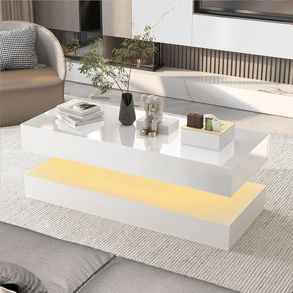 Uspeedy 47.3IN High Glossy LED Coffee Table,APP LED Lights,Black/White, Modern Furniture for Living Room (White)