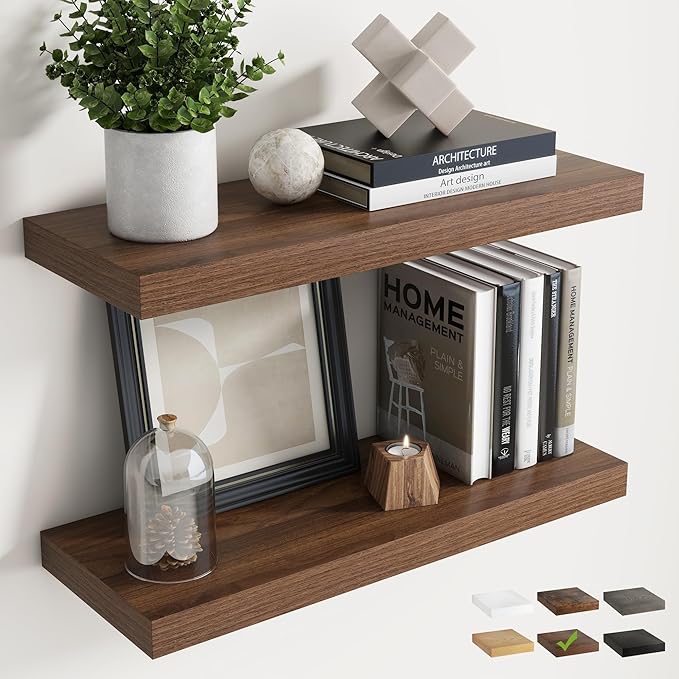 24 Inch Floating Shelves for Wall Set of 2, 8"D Wood Grain Bathroom Shelves with Invisible Brackets, Easy Install Engineered Wood Storage Shelves for Kitchen, Living Room, Bedroom, Walnut Finish