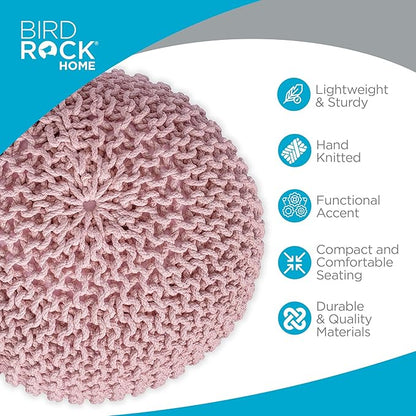 BIRDROCK HOME Round Pouf Ottoman | Cotton Braided Foot Stool with Bean Bag Filling | Boho Foot Rest for Living Room & Bedroom | Compact & Comfortable Seating, Lightweight & Soft | Dusty Rose