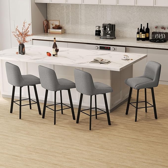 Swivel Bar Stools Set of 4, 26''H Upholstered Barstools with Backs, Modern Counter Height Bar Stool Chairs for Kitchen Island, Metal Legs, Fabric, Gray Counter Stools