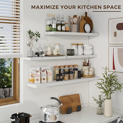 48 inch Floating Shelves for Wall Large Wall Mounted Shelves with Invisible Brackets, White Long Shelves for Bathroom, Living Room, Kitchen, Office, 48x9.1 inch deep Set of 2