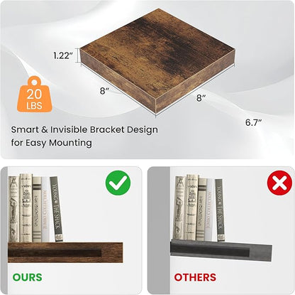 Square Floating Shelves for Wall, 8"W x 8"D x 1.2"H, Small Wooden Wall Mounted Display Shelves with Invisible Brackets for Living Room, Bedroom, Bathroom, Kitchen Decor, Set of 4, Rustic Brown
