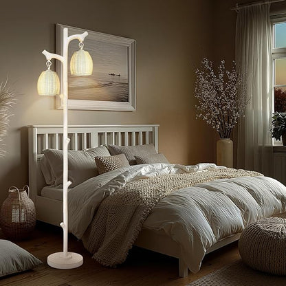 Scenekoy Rustic 68” Tall Floor Lamp with Rattan Shade, Retro Standing Lamp Tree Trunk Washed White Finish & Resin Body, Dimmable Corner Lamp with Bulb Prefer for Living Room Bedroom Home Decor