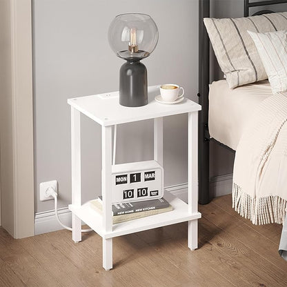 TUTOTAK End Table with Charging Station, Set of 2, Small Side Table with Outlets, Nightstand Bedside Table, 2-Tier Storage Shelf for Small Space, Living Room, Bedroom White TB01BW041