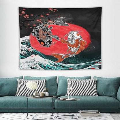 Houselerax Koi Fish Tapestries,Japanese Style Yin Yang Big Wave Cherry Blossoms Tapestry Wall Hanging for Bedroom Living Room Office Decor 80"x60"