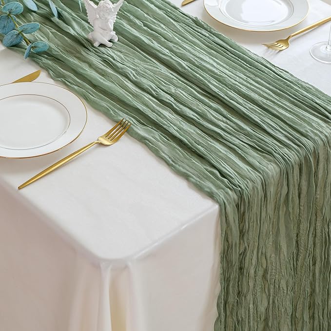 Sioloc 1 Pack Sage Green Cheesecloth Table Runner Fall Autumn Decor for Home 10ft Table Cloth for Tea Wedding Birthday Party Baby Bridal Shower Halloween Thanksgiving