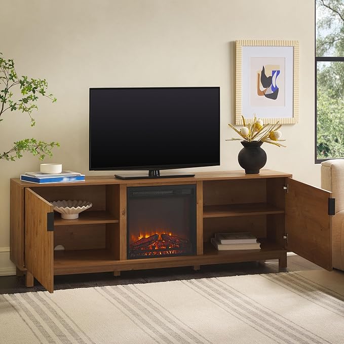 Walker Edison Arundo Reeded TV Stand with Fireplace & Storage, 70" Fireplace, English Oak